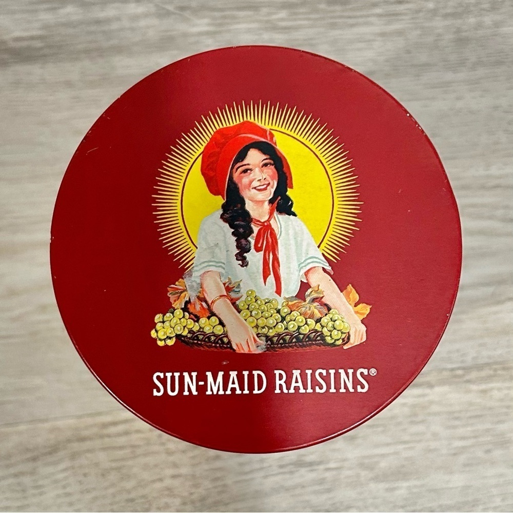 Vintage 1987 Sun Maid Raisins Aluminum Tin Fresno California USA 6” With Lid - Picture 2 of 9